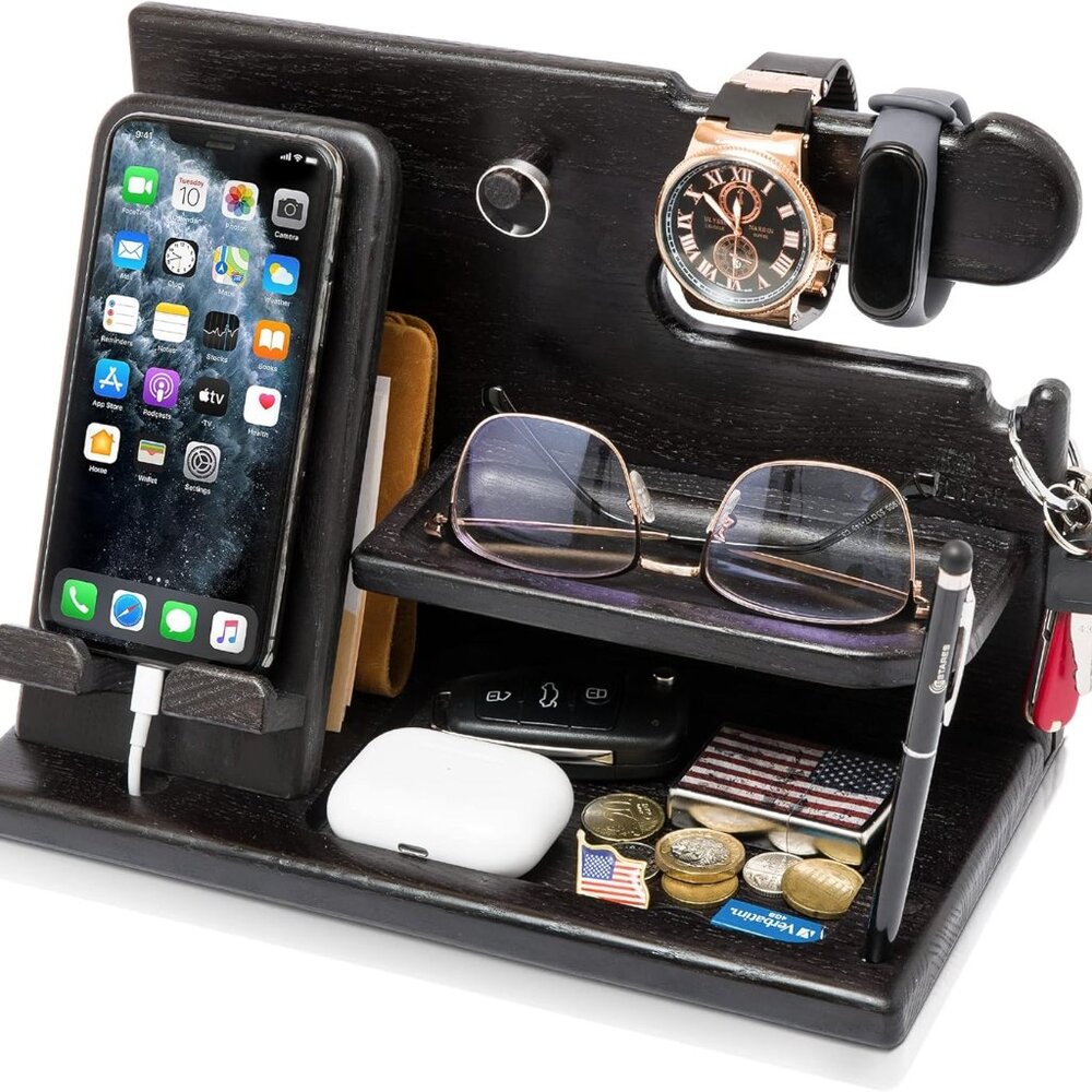 Wood Phone Docking Station For Men - Desk Or Nightstand Organizer - Birthday Gif